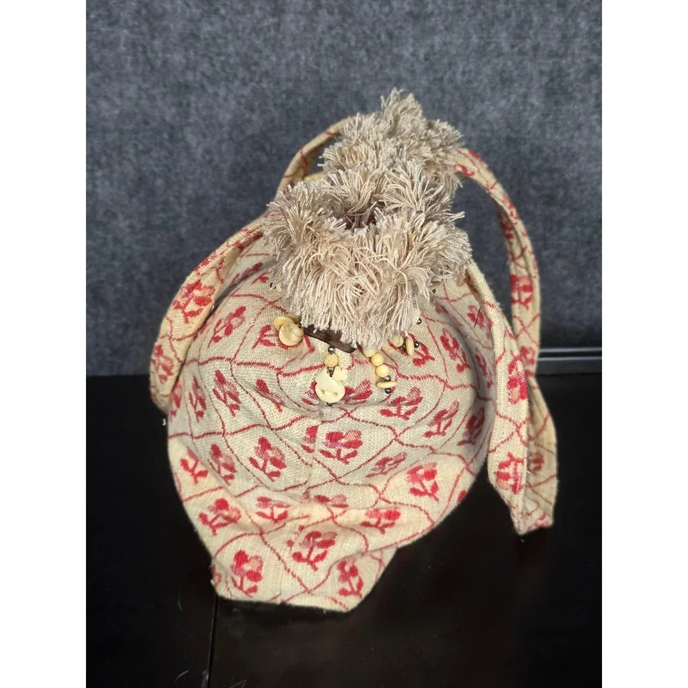VTG Floral Tapestry Tote Bag Faux Fur Trim Wooden Beads Unique Purse Cottagecore